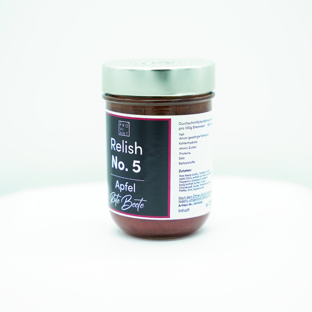 Relish Nummer 5 – Apfelrote Beete im Glas, handgemachtes süß-säuerliches Relish aus Rote Beete, Apfel und Peperoni, perfekt als Topping, Aufstrich oder zur Verfeinerung von Gerichten, hergestellt in der Proviantmanufaktur