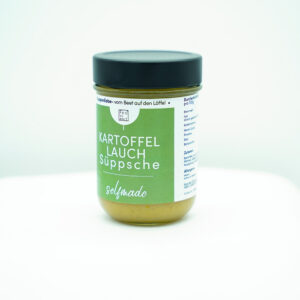 Kartoffel Lauch Suppe im Glas aus Kartoffeln, Lauch und Möhren, handgemacht in der Proviantmanufaktur