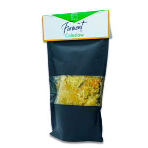 Coleslaw Weißkohl-Karotten Ferment Doypack Verpackung, milchsauer fermentiertes Gemüse aus eigener Marktgärtnerei