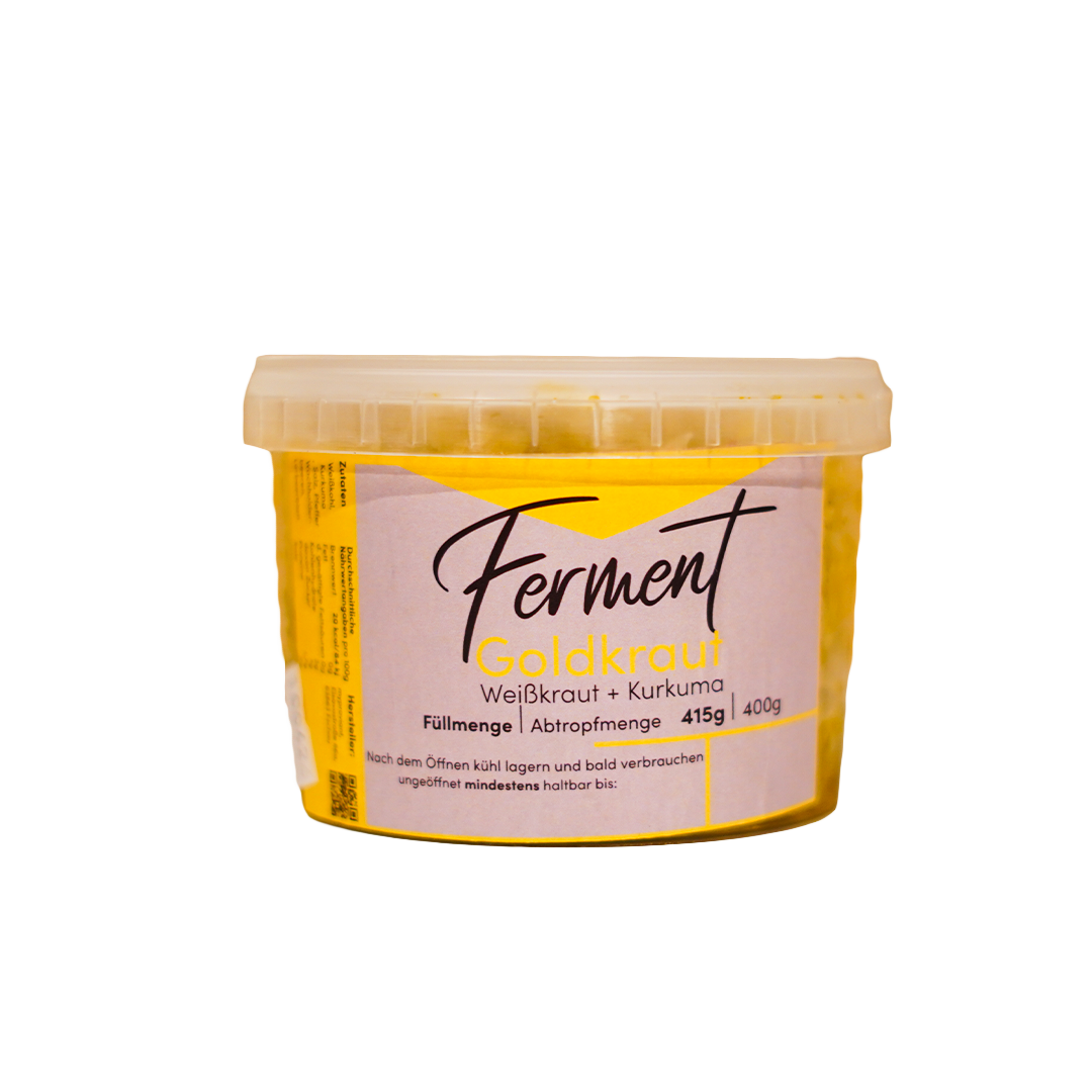 Goldkraut 415 g Ferment im Frischetopf, milchsauer fermentiertes Weißkohl-Gemüse aus eigener Marktgärtnerei, veredelt mit Kurkuma
