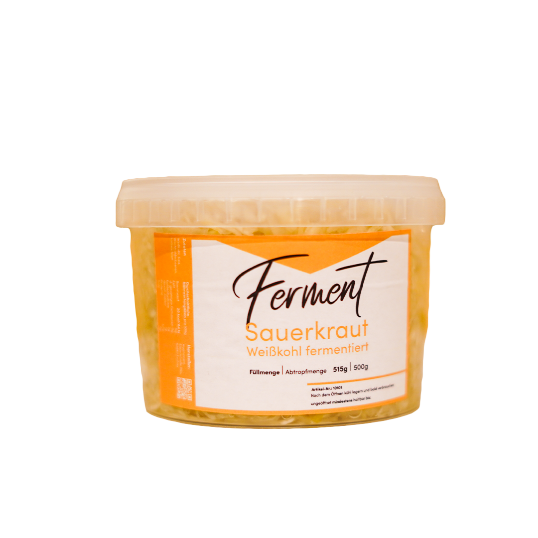 Sauerkraut Medium Weißkohl-Ferment im PVC-Topf, milchsauer fermentiertes Gemüse aus eigener Marktgärtnerei, veredelt mit Wacholderbeeren und Lorbeerblättern