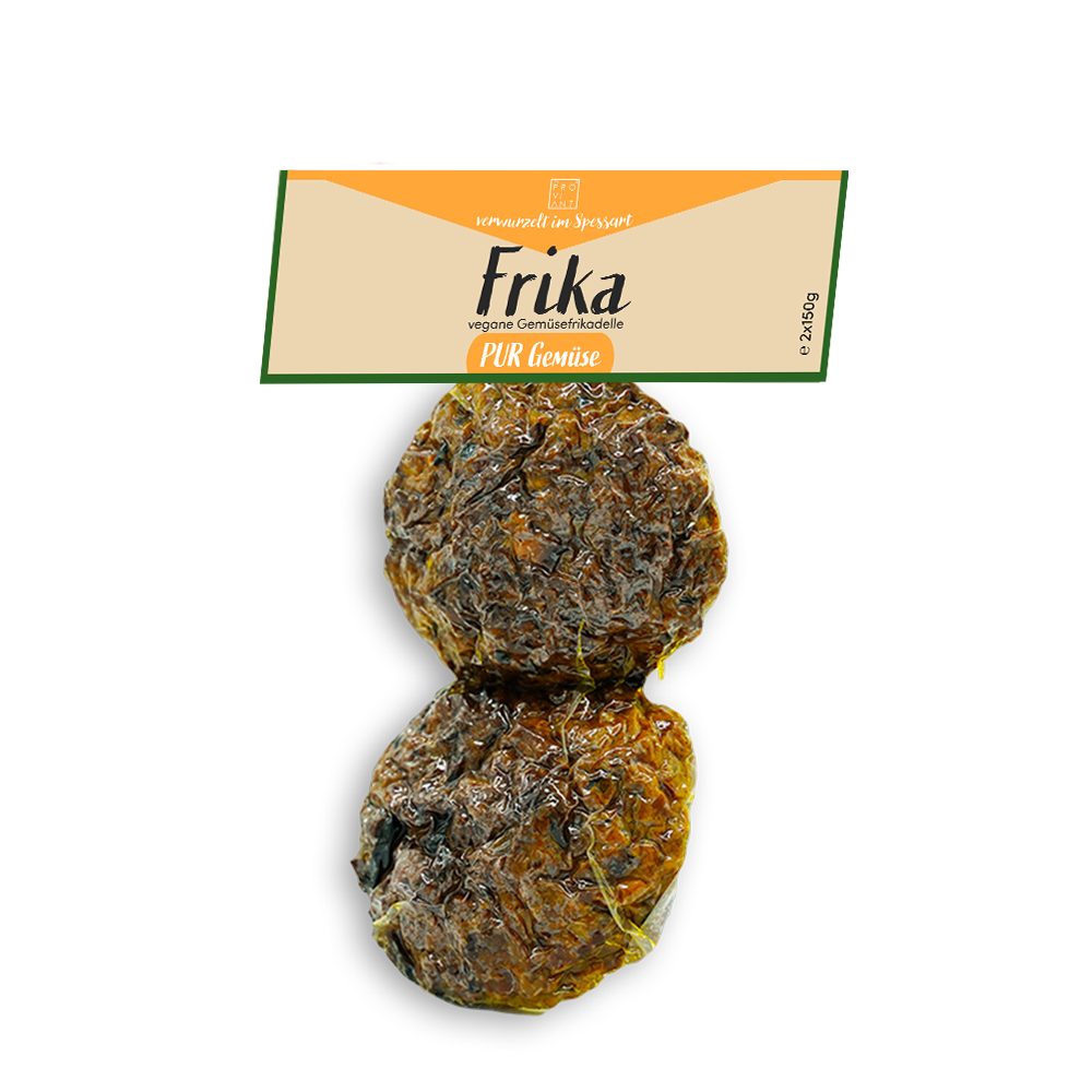 Frika Klassic Vegan – handgemachte vegane Gemüsefrikadelle von myproviant aus Gemüse der eigenen Marktgärtnerei, ohne künstliche Konservierungs- und Zusatzstoffe.