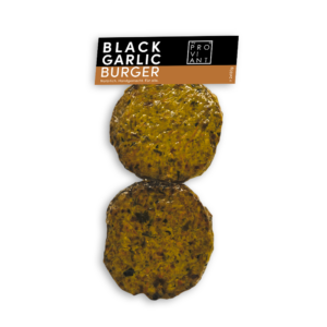 Vakuumverpackte Black Garlic Burger Patties von myproviant (2 × 130 g) aus Gemüse mit fermentiertem Black Garlic.