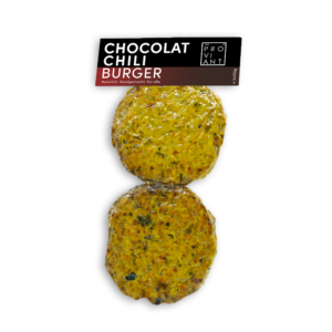 Vakuumverpackte Frika Burger Black Chocolate-Chili von myproviant mit zwei küchenfertigen Gemüse-Burger Patties à 130 g, verfeinert mit dunkler Schokolade und getrockneten Chilies